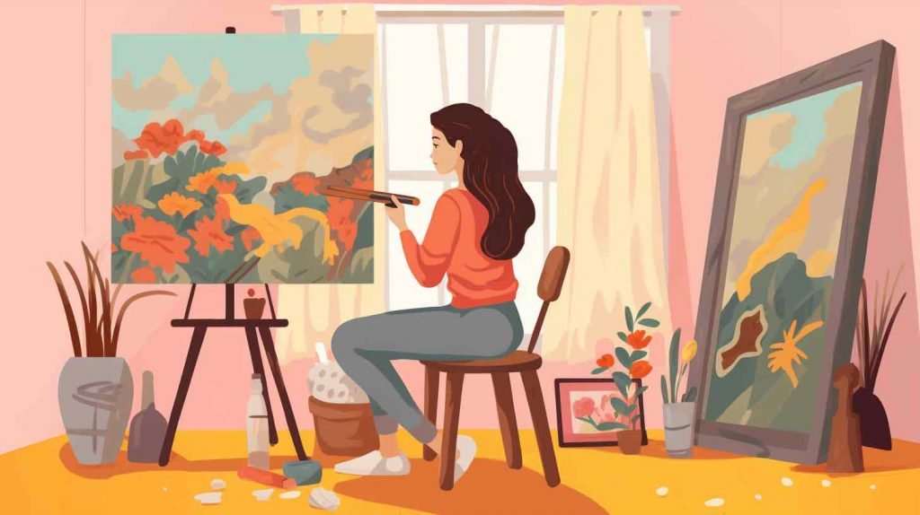 Illustration d'une jeune femme faisant de la peinture chez elle dans le cadre de son suivi d'art thérapie. Illustration par Alexandre Missonnier