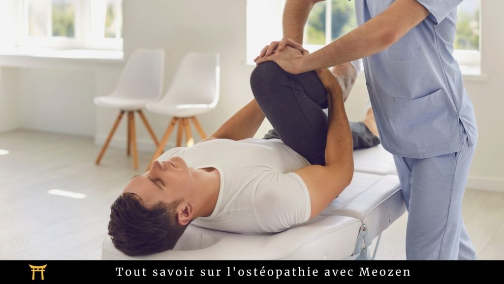 Un ostéopathe et son patient dans une salle d'ostéopathie, accompagné de la phrase : "Tout savoir sur l'ostéopathie avec Meozen"