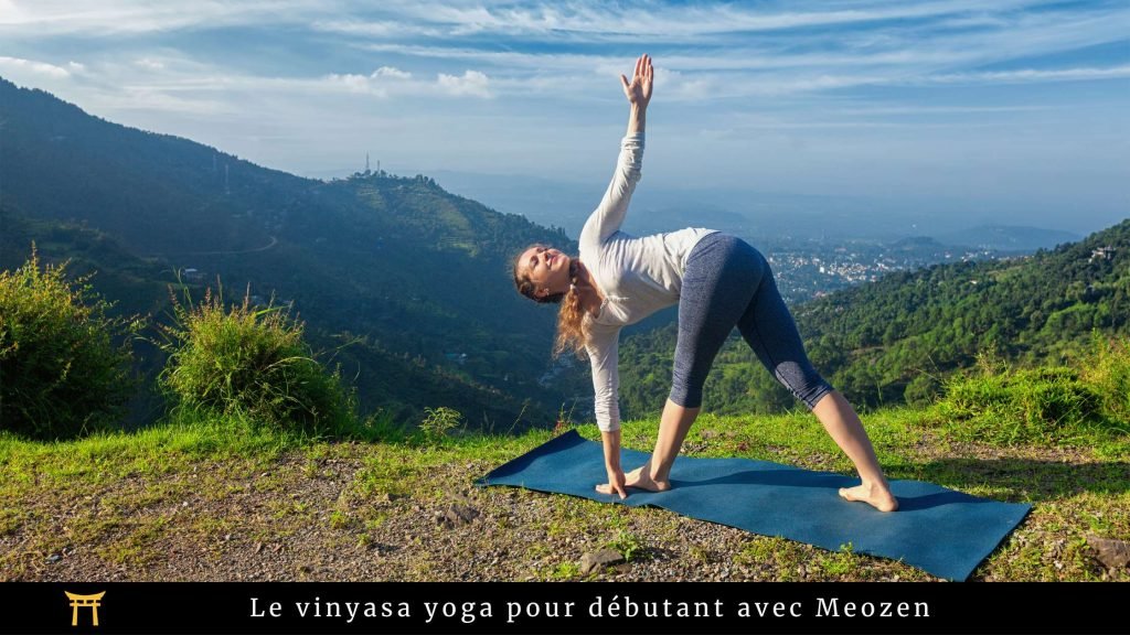 À la montagne, une femme en train de faire une posture de Parivrtta Trikonasana, issue du Vinyasa yoga, accompagnée de la mention "Le vinyasa yoga pour débutant avec Meozen"