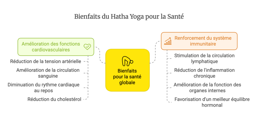 Diagramme intitulé « Bienfaits du Hatha Yoga pour la Santé ». À gauche : Bienfaits cardiovasculaires, notamment une réduction de la tension artérielle et du cholestérol. À droite : Bienfaits pour le système immunitaire, notamment une réduction de l'inflammation et un meilleur fonctionnement des organes. Encadré central : Bienfaits pour la santé générale.