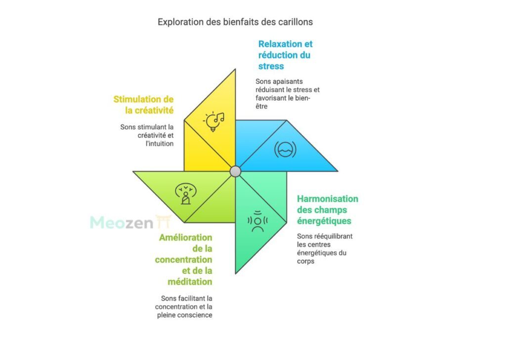 Un schéma intitulé « Exploration des bienfaits des carillons » avec quatre sections colorées : bleu pour la relaxation, vert pour l'harmonisation énergétique, jaune pour la concentration et vert pour la créativité. Chaque section est accompagnée d'une brève description et d'une icône.