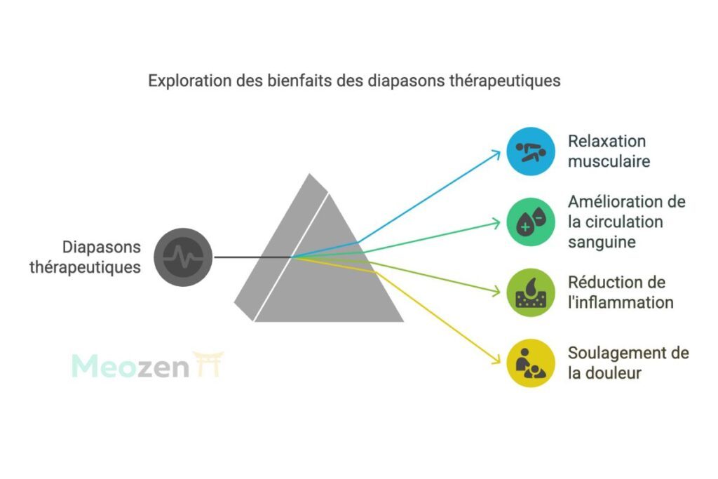 Diagramme illustrant les bienfaits des diapasons thérapeutiques avec une forme triangulaire au centre. Les lignes relient les icônes et le texte : relaxation musculaire, amélioration de la circulation sanguine, réduction de l'inflammation et soulagement de la douleur.