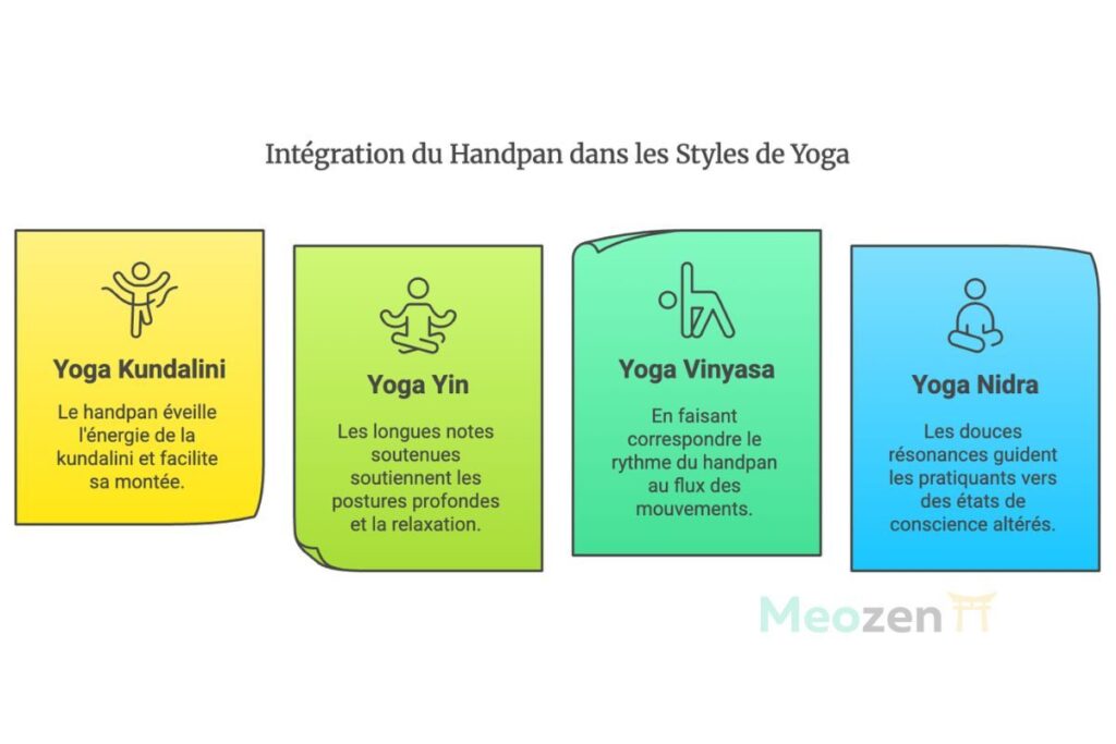 Un diagramme intitulé « Intégration du Handpan dans les Styles de Yoga » comporte quatre sections : Yoga Kundalini, Yoga Yin, Yoga Vinyasa et Yoga Nidra, décrivant comment le handpan est intégré dans chaque style.