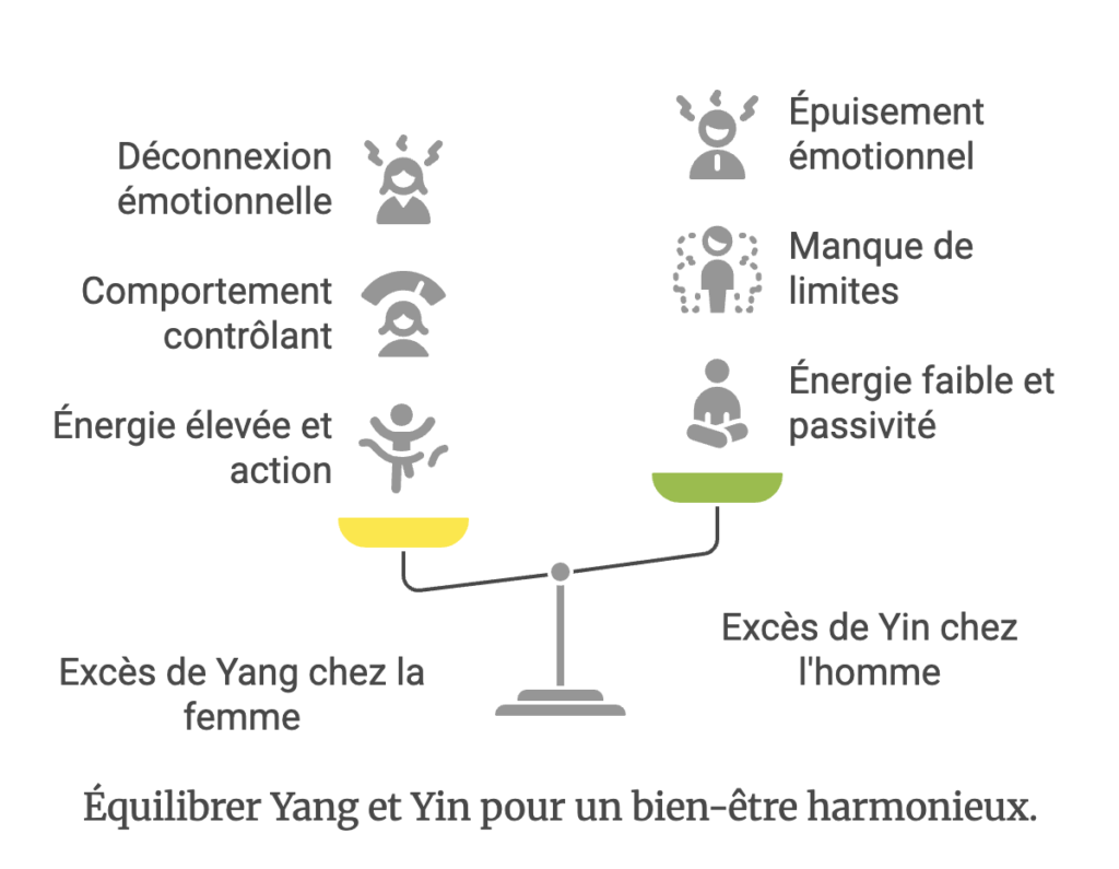 Une échelle équilibrant les icônes et les phrases. À gauche : « Déconnexion émotionnelle », « Comportement contrôlant », « Énergie élevée et action », « Excès de Yang chez la femme ». À droite : « Épuisement émotionnel », « Manque de limites », « Énergie faible et passivité », « Excès de Yin chez l'homme ». Ci-dessous se lit : « Équilibrer Yang et Yin pour un bien-être harmonieux.